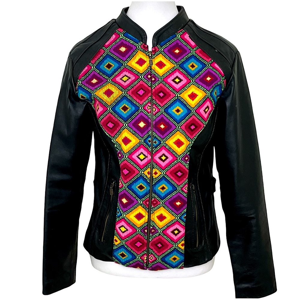 Elki Women’s Latin Designer Bold Embroidered Leather Jacket Sz M Edgy Outerwear